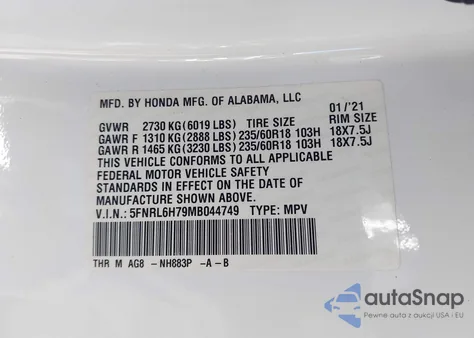 2021 Honda Odyssey Ex-L z USA, uszkodzony, nr VIN 5FNRL6H79MB044749